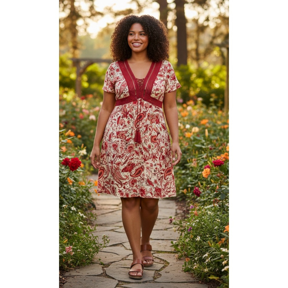 Torrid Mini Gauze Lace-Up Skater Dress Womens 4X Red Paisley V Neck  NEW NWT